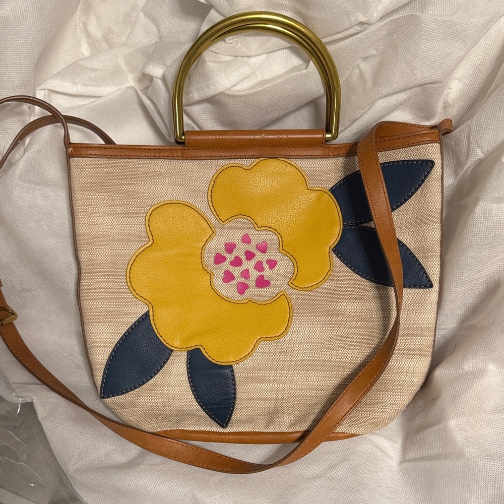 Fossil Yellow Floral Canvas Shoulder Bag with Gold Handle